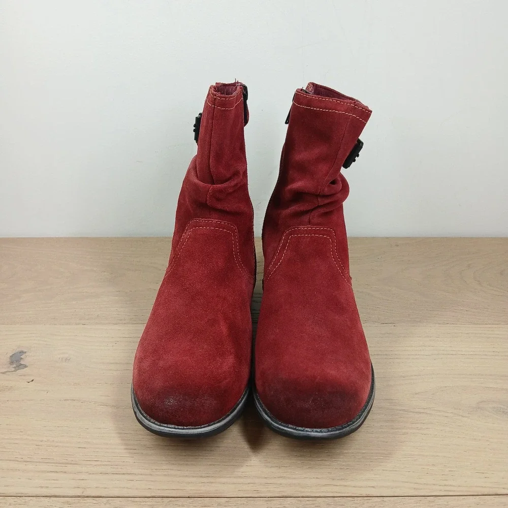 Earth Ankle Boots Women 8W Red Suede Slouchy Buckle Zip Relief Pod Mid Calf